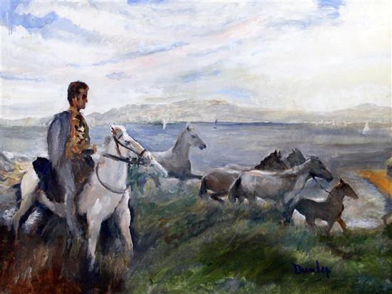 § Ronald Ossory Dunlop (1874-1973) Horse rider and ponies on the shore, 30 x 40in., unframed